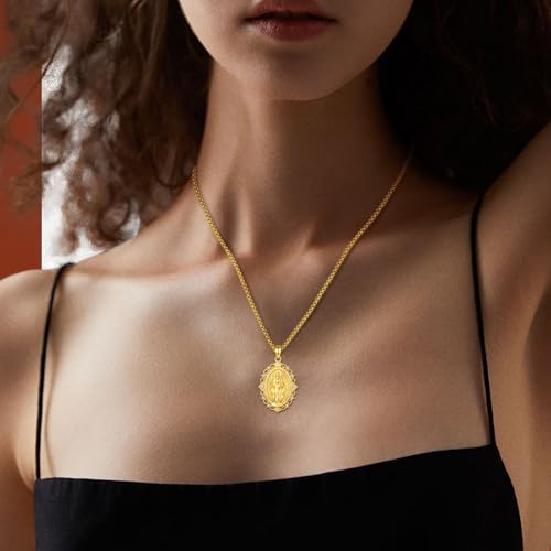 INFUSEU Mary Necklace Medal Miraculeuse Virgin Mary 18K Golden Pendant Protection Catholic Sacred Necklace Religious Jewellery Communion Christian Faith Gift for Women