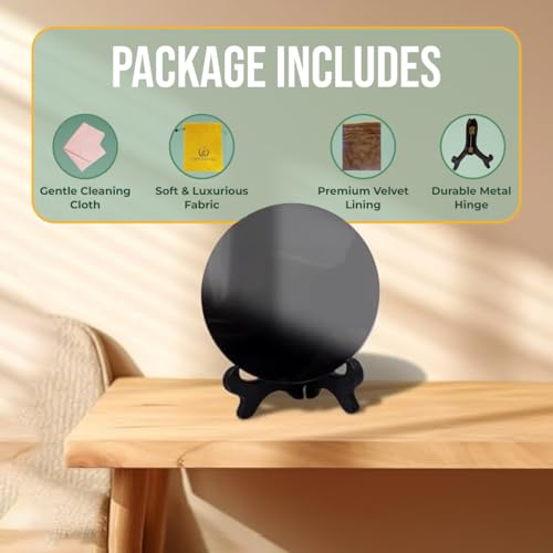 Black Obsidian Scrying Mirror 3.94 in with Wooden Stand, Premium Quality Obsidian Mirror for Meditation, Witchcraft, Divination and Spiritual Practices (100 mm) 3.9"L x 3.9"W