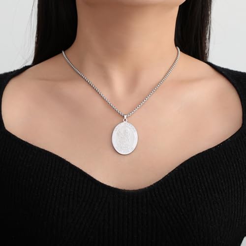kkjoy Personalized Saint Cyprian PRAY FOR US Necklace Stainless Steel Oval Medal Pendant Protection Amulet Jewelry for Women Men Friends Couple Family Member Silver