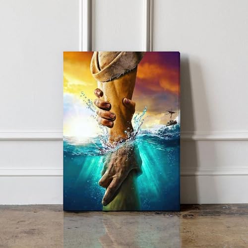Framed Jesus Christ Canvas Wall Art The Hand of God Jesus Reaching Into Water Christian Painting Prints Biblical Wall Decor Religious Room Decor for Church Prayer Room Schools Hospitals 12" x 16" 16"L x 12"W Jesus 3