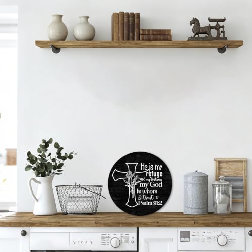 Inspirational Scripture Round Wooden Sign, Psalm 91:2 Bible Verses Christian Wall or Desk Decor, Rustic Farmhouse for Home Office, Religious Gift for Women & Men -A26