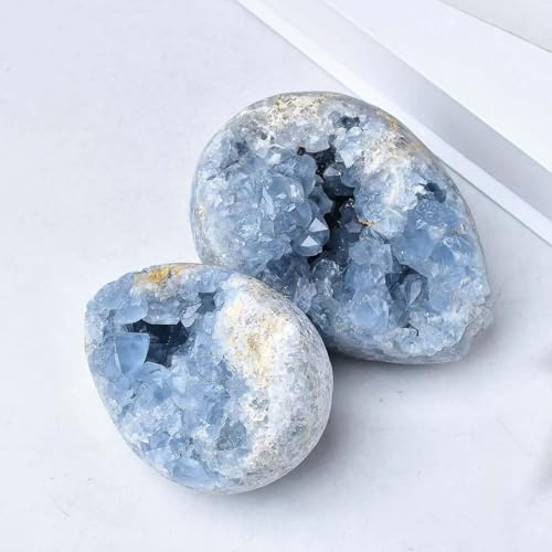 Natural Blue Celestite Geode Egg Healing Crystal Stone Collection Mineral Specimen with Stand Home Office Decor 0.6-0.8 Pound Dark Blue