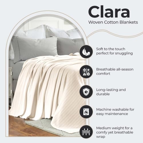 SUPERIOR Clara Cotton Blanket, for Picnic, Beach, Traveling or Camping, Bedroom Decor, Essentials, Cover for Bed, Couch, Lounging, Textured Jacquard, Striped Woven Blanket, Throw, Ivory