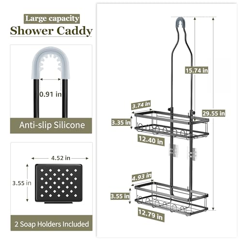 Black Skyapex shower caddy hanging over shower head with adjustable hooks for bathroom storage.