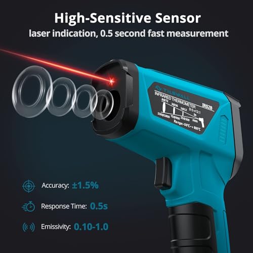 Tilswall Infrared Thermometer 50~800°C IR Digital Laser Temperature Meter | Adjustable Emissivity, LCD Display, for Cooking/Barbecue/Pizza Oven/Freezer/Industry, Not for People-W300 blue l