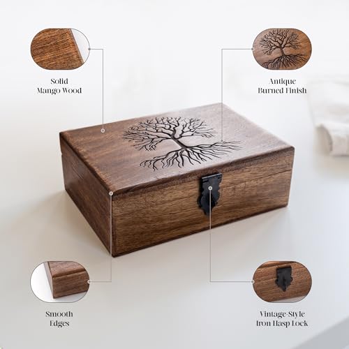 Handmade Mango Wood Tree of Life Jewelry Box, 7x5 inch Hand Carved Keepsake Box & Organizer, Unique Gift for Men & Women (Mystic Tree of Life) Mystic Tree of Life