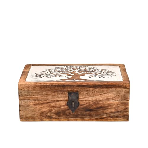 Decorative Tree of Life Pet Cremation Urn – Hand-Carved Mango Wood Keepsake Urn for Dogs & Cats – Wooden Memorial Ashes Box with Tree of Life Design (8" x 5" x 3")