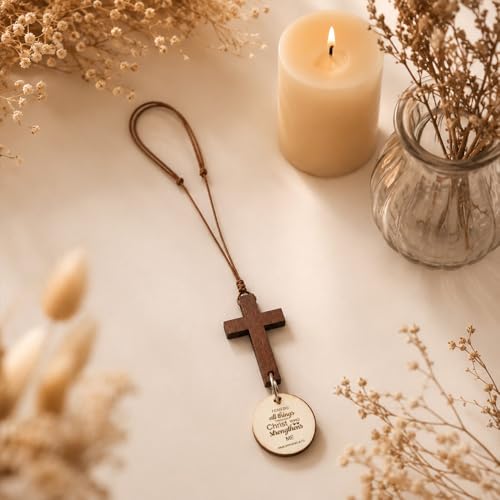 I Can Do All Things Through Christ Car Cross Hanging Accessories Bible Verse Rearview Mirror Decoration Christmas Christian Religious Gifts for Men Women New Driver Christian Car Accessories I can do all things through christ