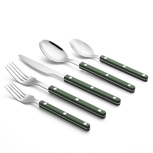 ANNOVA Silverware Set, Retro/Rivet Colorful Stainless Steel Tableware Kitchen Flatware Set Utensils, Includes Dinner Knives, Forks, Spoons, Salad Forks & Dessert Spoons (Dark Green, 10 Pieces) Dark Green