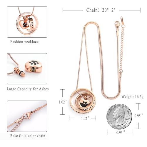 Paw Print Cremation Jewellery for Pet Ashes Urn Necklace for Cat/Dog Ashes Funeral Keepsake Urn Necklace Paw Print Memorial Necklace Forever in My Heart,No Longer by My Side Rose gold
