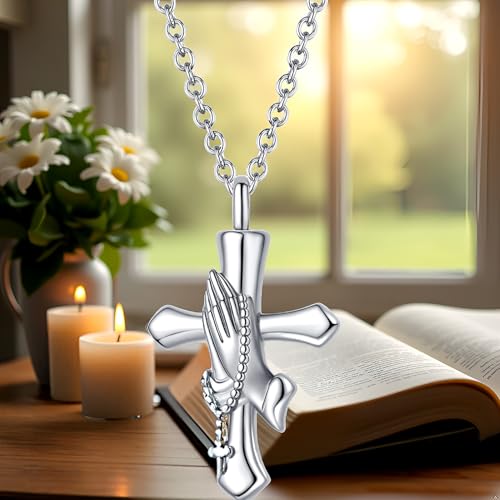 Praying Hands Cremation Jewelry Cross Urn Necklaces for Ashes Memorial Keepsake Women Men Silver Plated