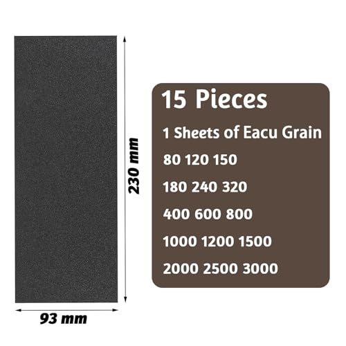 15 Piece Professional Sandpaper Set 23 x 9 cm, Grit 80 120 150 180 240 320 400 600 800 1000 1200 1500 2000 2500 3000, Wet and Dry for Car Metal Wood Varnish Walls Glass Finishing Sanding ishing