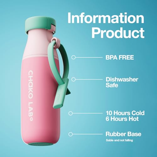 CHAKO LAB Insulated Water Bottle with Two Strap | BPA-Free Leak Proof | 17oz Bottle with Spout Lid & Straw | Peach