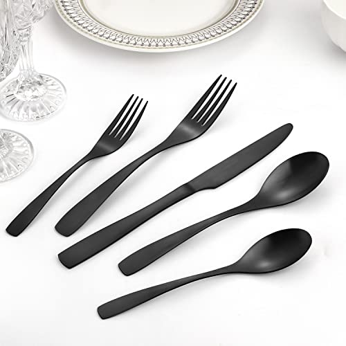 Matte Black Silverware Set, Bysta 20-Piece Stainless Steel Flatware Cutlery Set for 4, Satin Finish, Dishwasher Safe, Nice Box Package Matte Black