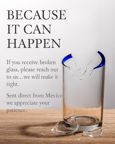 Corazón Bonito Handblown Tequila Shot Glass with Blue Cobalt Rim, Hand-Crafted Mexican Design Cactus, Agave and Chile, Set of 6 (2 oz each)