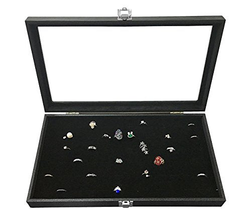 RJ Displays Glass Top Black Jewelry Display Case with 72 Slot Rings Tray. Comes with Free Jewelry Polishing Cloth