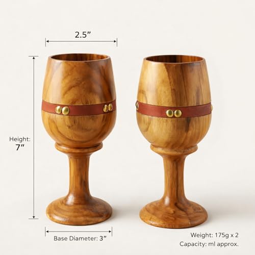 collectiblesBuy Vintage Wooden Wine Goblet Set of 2 with Leather Strap – Handmade Teak Wood Chalices Rustic Drinkware for Wine, Beer, Water & Bar Accessories