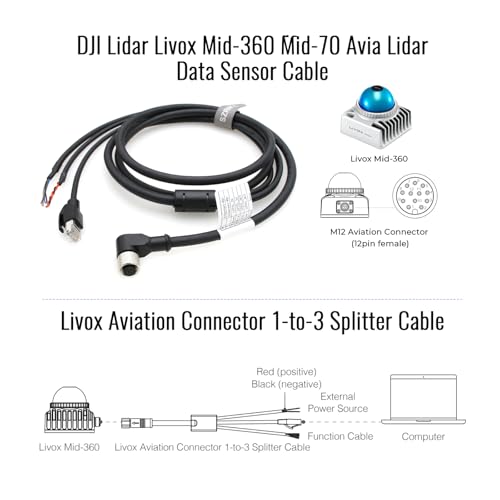 SZRMCC Livox Mid-360 Cable M12 Pin Female Aviation Plug 3 in 1 Splitter Data Sensor Cable for DJI Lidar Livox Mid-360 Mid-70 Avia Lidar (Right Angle 12 pin, 50cm) Right Angle 12 pin