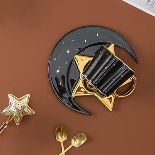 4.2 Ounce Irregular Ceramic Coffee Cup,Gold Plate Handle Mug,Moon and Star Shape Coffee Tea Cup and Saucer Sets with spoon,for Cappuccino,Tea,Cocoa,Cereal,Hot Chocolate (Black with Golden)