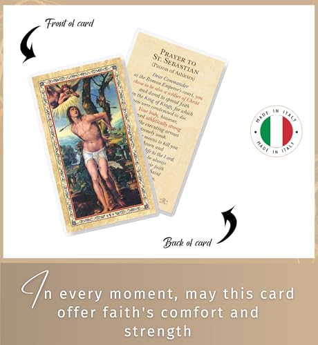 St Sebastian Medal Necklace - Pewter Saint Medal With Chain, Laminated Card, The Lord's Prayer Card - Patron of Athletes Themed Set - 3 Items