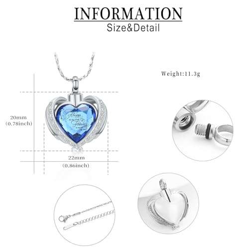 Cremation Jewellery for Ashes Pendant Crystal Heart Urn Necklace with Mini Keepsake Urn Memorial Ash Jewellery Silver blue-always