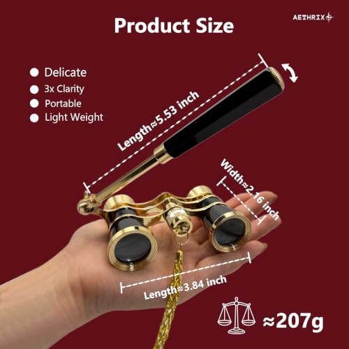 3X25 Opera Glasses Binoculars with Adjustable Handle & Chain Black with chain & handle