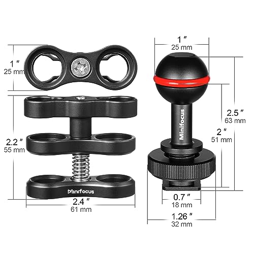 MINIFOCUS 1'' Ball Clamp Mount with Cold Shoe Ball Mount Head Base Adapter Connector for Diving Light Arm Underwater Camera Waterproof Housings Case Video/Flash/Strobe Hot Shoes Cold Shoe&Clamp