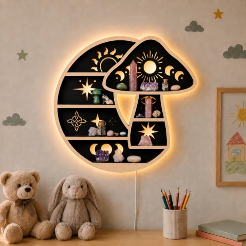 Crescent Moon Floating Shelf with LED Light, Whimsical Mushroom Wall Decor Mushroom & Moon With Led