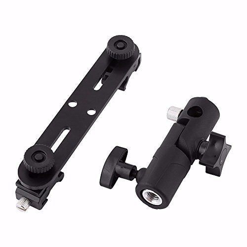 EXMAX E2 Adjustable Double Flash Bracket Dual Hot Shoe Speedlight Stand Umbrella Holder Light Stand Bracket Mount 1/4" to 3/8'' for Studio Video DSLR Camera