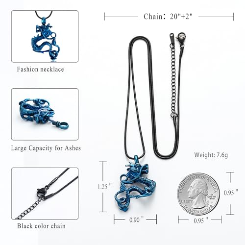 Cremation Jewelry for Ashes Stainless Steel Dragon Urn Necklace Keepsake Human Pet Ashes Holder Memorial Pendant for Women Men Blue