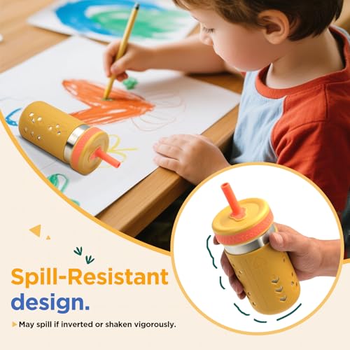 Tronco 4 Pack 15oz 2-in-1 Stainless Steel Kids Tumbler Cups with Silicone Sleeves, Spill-Resistant Flexible Straws & Storage Lids, BPA-Free Smoothie and Snack Cups, Dishwasher Safe Sea foam Green,Sky Blue,Mango Yellow, Orange Pack of 4