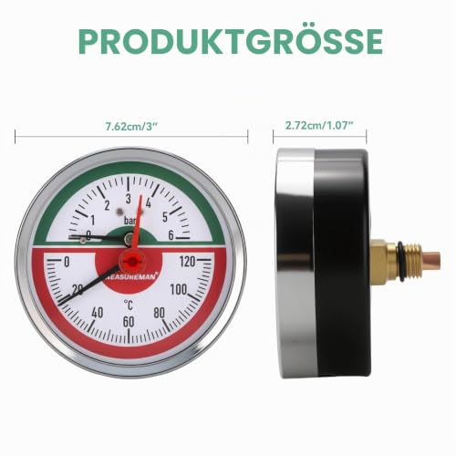 Thermal Pressure Gauge, 80 mm Dial, 0-6 Bar/120°C, Black Steel Case, G1/2 Rear Connection