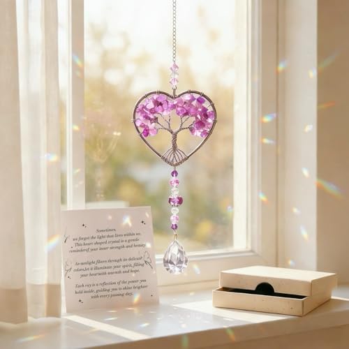 Inspirational Friendship Gift for Women, New Beginnings Gifts for Her Friends Coworkers Her Wife Mom Daughter Sister Aunt, Amethyst Sun Catchers for Windows, Tree of Life Car Hanging Accessory