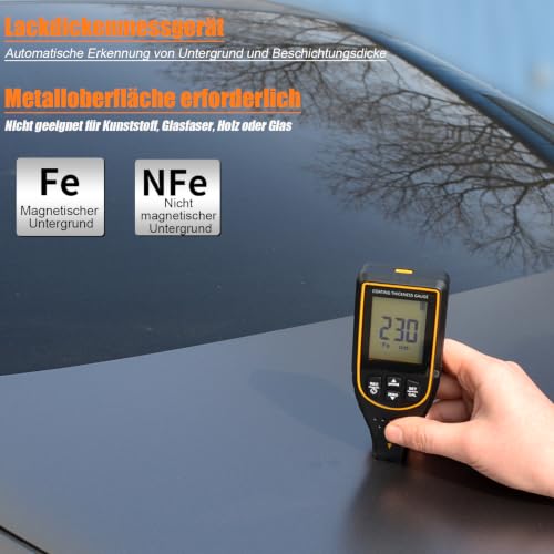 Car Paint Thickness Gauge 0-2999 µm Used Car Check and Workshop | ±2% + 2 µm accuracy, 0.1 µm resolution, Fe/NFe automatic, upper/lower limit alarm, 6-point calibration, 30 value memory