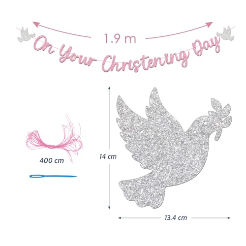 Pink Christening Banner Decorations for Girls Glittering on Your Christening Day DIY Baptism (Pink) Pink