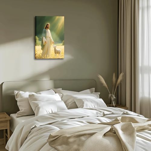 Jesus and Lamb Canvas Wall Art Christian Religious Painting Print 12x16 in Green 12"L x 16"W