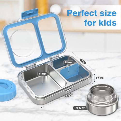 Kids Stainless Steel Bento Lunch Box with Insulated Soup Thermo, Leak-Proof BPA BPS Free Metal Lunch Container, Tritan Lid, Dishwasher Safe for School Boys Girls Adults Outdoor - Blue