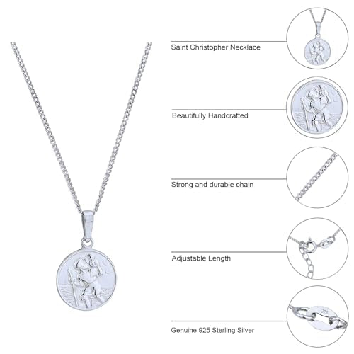 Vanbelle Sterling Silver - Rhodium Plated with 925 Stamp - Saint Christopher Medal Pendant Necklace - Elegant Handcrafted Necklace for Men & Women - 18" Long + 2" Extender