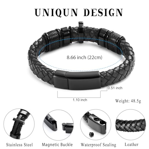 Minicremation Cross Cremation Jewelry Urn Bracelet for Ashes Genuine Leather for Women Men Keepsake Memorial Cuff Bangle Braided Wristband Bracelet for Men Black-A 22cm/8.66"