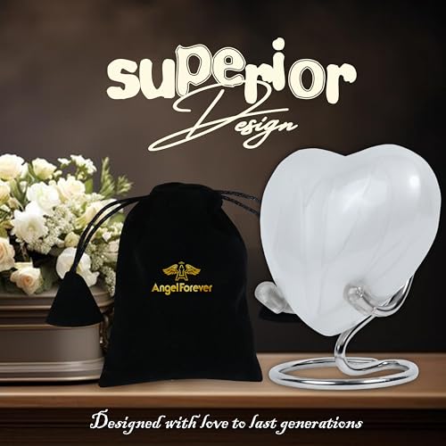 Heart Keepsake Urn for Human Ashes – Handcrafted White Aluminum Mini Heart Urn with Silver Stand, Velvet Bag & Gift Box – Small Infant or Pet Cremation Urn, 3 Cu Inches Capacity – Memorial Keepsake Heart Keepsake Urn