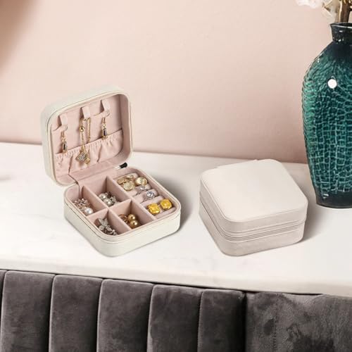 6 PCS Bridesmaid Present Jewelry Boxes, 3.9 x 3.9 x 2 in White PU Leather Travel Jewelry Case, Zippered Jewelry Storage Organizer for Women, Compact Ring Earring Necklace Holder