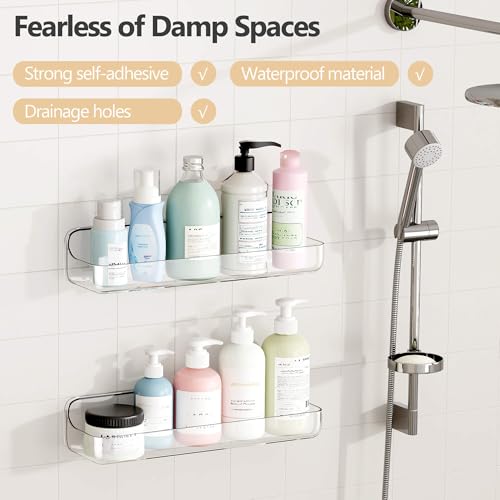 UDD Acrylic Clear Shower Caddy Adhesive Shelf, 2pc Plastic Shower Organizer with Self Adhesive Tape, No Drilling Wall Mount Shower Shelves for Bathroom Kitchen, Transparent 2Pack