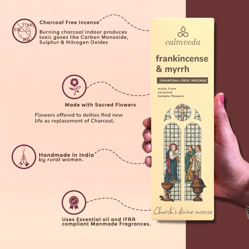 CALMVEDA, Frankincense and Myrrh Incense with Rosewood Incense Holder (80 Sticks + 1 Holder) | Beautiful Natural Incense and Holder Combo for Home Decor and Spiritual Practice