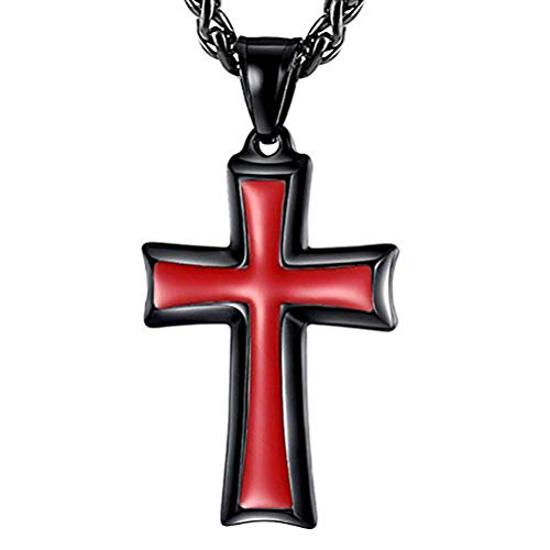 HZMAN Men's Stainless Steel Cross Pendant Necklace Jewelry Gift with Wheat Chain Black Red