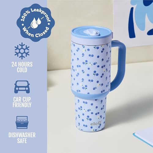 Ello Oasis 40oz Insulated Stainless Steel Tumbler with Straw, Blueberries 40 Ounces