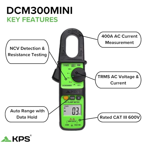 KPS DCM300MINI True RMS clamp meter with 600A AC measurement, auto range, and NCV display