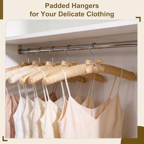 uxcell 5 Pcs Satin Padded Hangers, 15 Inch Blouse Hangers for Women's Clothing, Non-Slip Thickened Sponge Pads for Sweaters, Silk Dresses, Wedding, Delicate Cashmere Sweaters, Champagne Light Gold