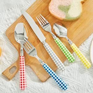 ANNOVA Silverware Set Stainless Steel Colorful Tableware Kitchen Flatware Set Utensils, Includes Dinner Knives, Forks, Spoons, Salad Forks & Dessert Spoons (Mix/Checkered, 20 Pieces) Mix 02