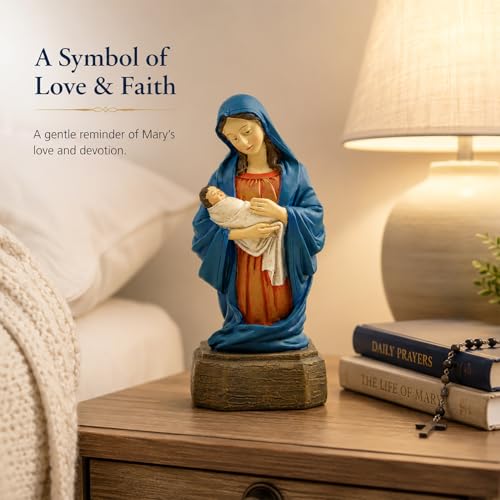 Virgin Mary Statue, Mother Mary Figurine, Catholic Religious Decor Deep Blue Virgin Mary Holding Baby Jesus Figurine