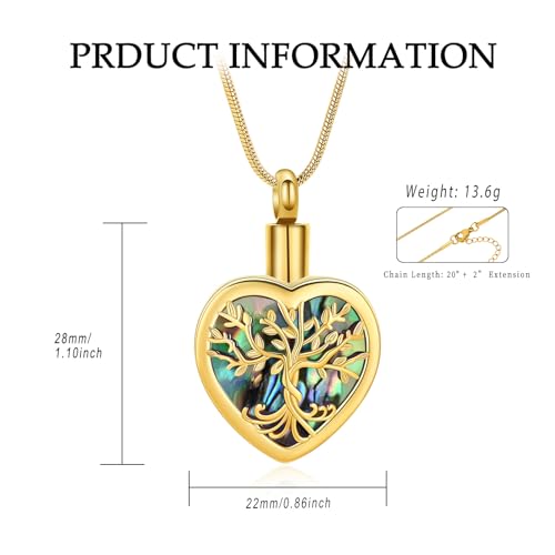 Tree of Life Heart Urn Necklace for Ashes for Human Pet Stainless Steel Cremation Jewelry Keepsake Memorial Jewelry for Loved One Gold